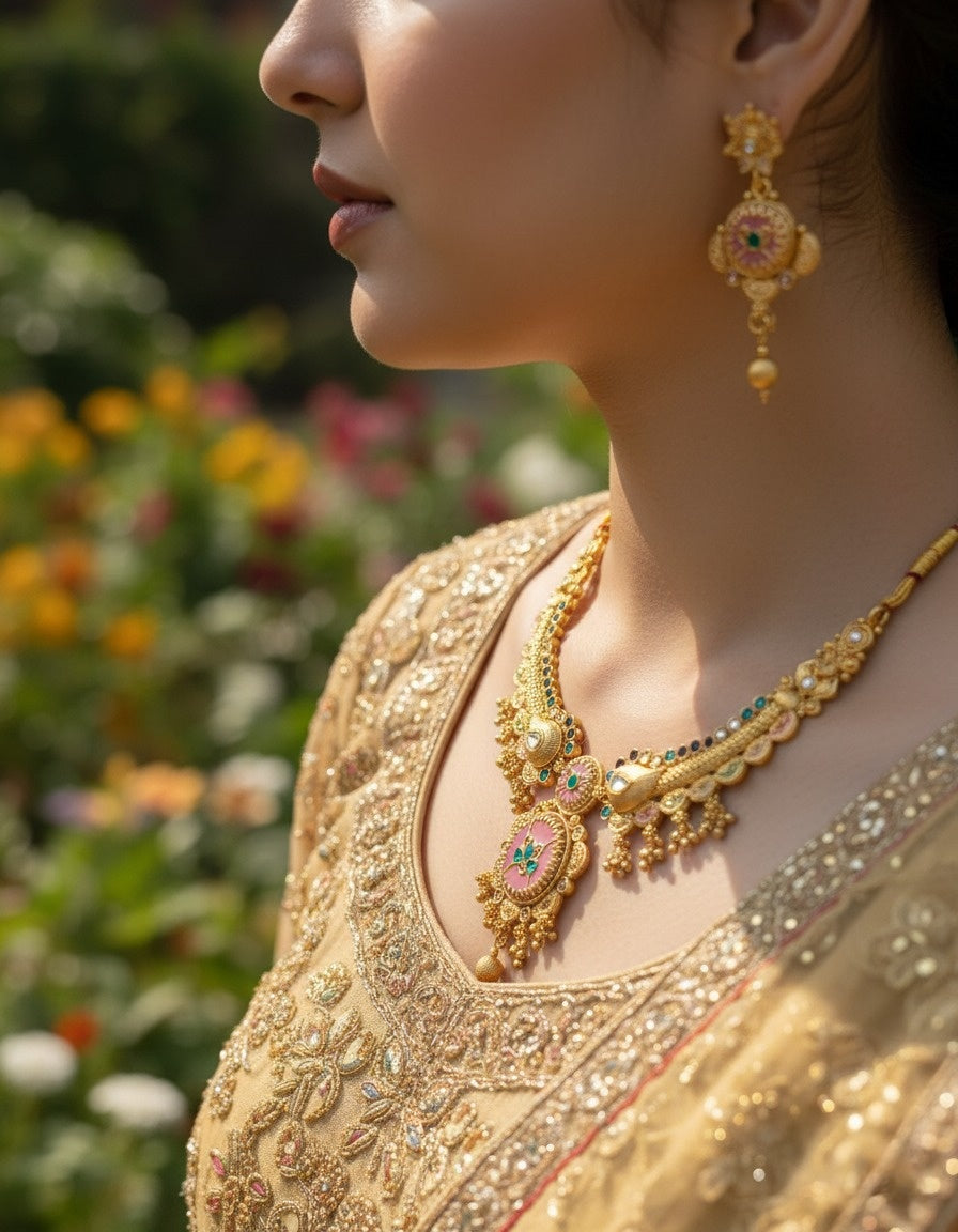 Sondarya Heritage Pink Enamel & Antique Gold Necklace Set With Earrings