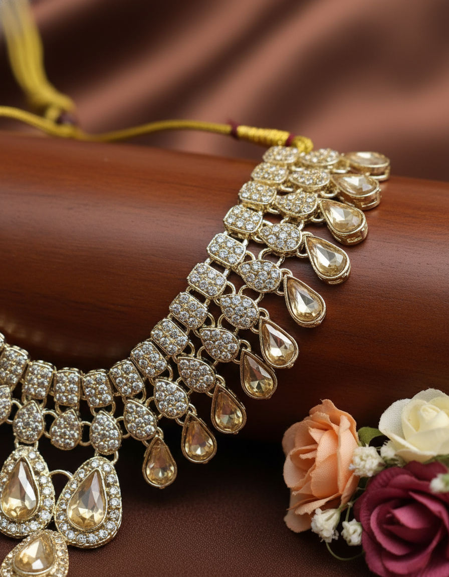 Sondarya Champagne Crystal Teardrop  Necklace Set With Maang Tikka