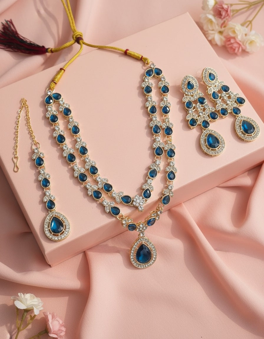 Sondarya Royal Blue Teardrop Double-Layered Necklace Set With Maang Tikka