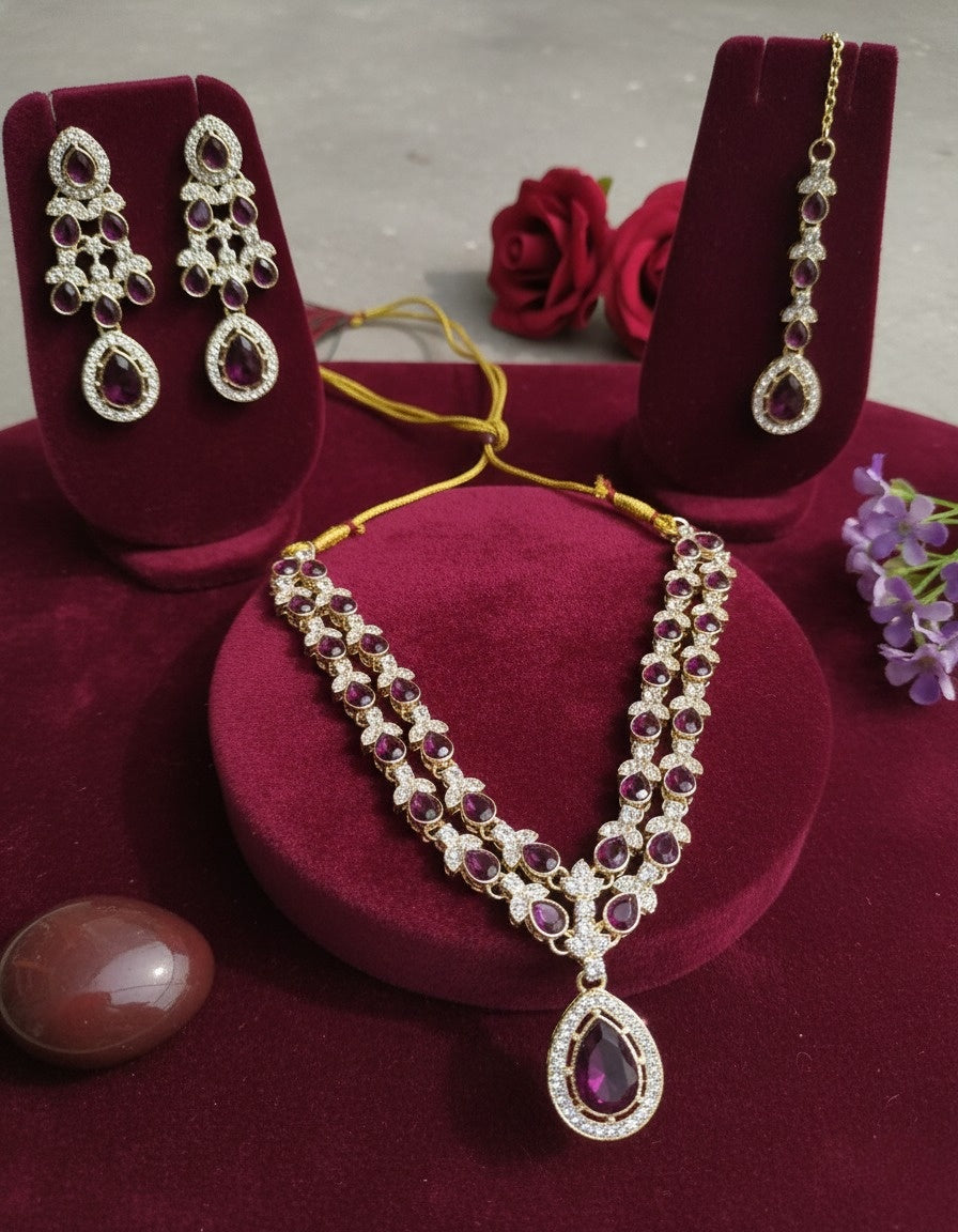Sondarya Regal Plum Teardrop Double-Layered Necklace Set With Maang Tikka