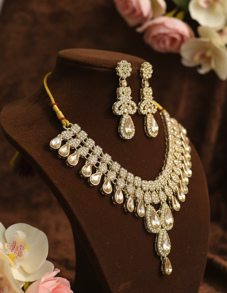 Sondarya Champagne Crystal Teardrop  Necklace Set With Maang Tikka