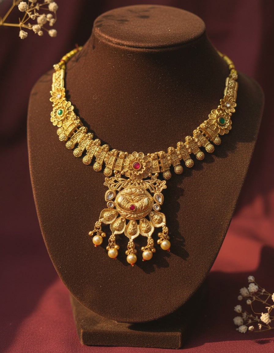 Sondarya Regal Antique Gold-Toned Temple Jewelry Set With Earrings