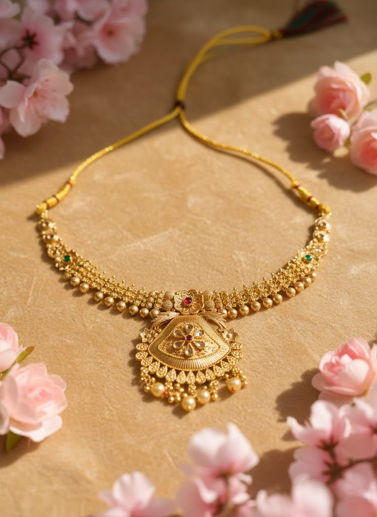 Sondarya Regal Gold-Tone Temple Necklace Set With Earrings