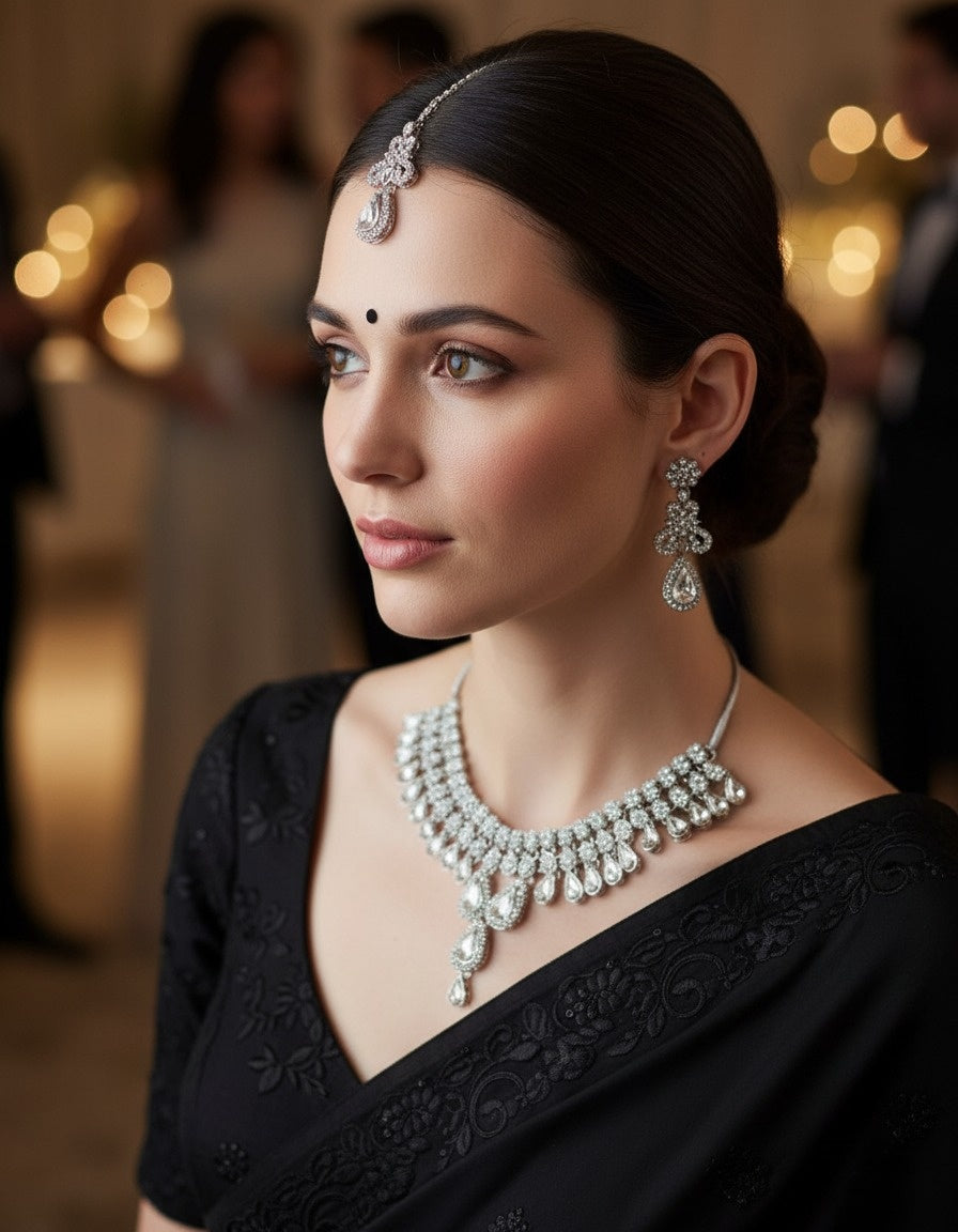 Sondarya Celestial Silver Crystal Necklace Set With Maang Tikka