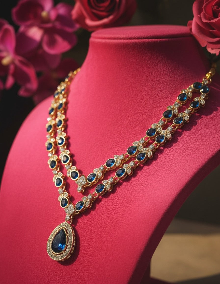 Sondarya Royal Blue Teardrop Double-Layered Necklace Set With Maang Tikka