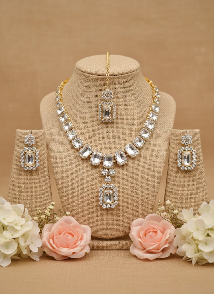 Sondarya Sparkling Solitaire Diamond-Look Necklace Set With Maang Tikka