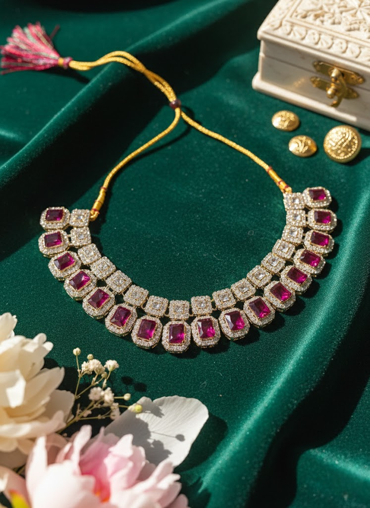 Sondarya Regal Ruby & Diamond-Look Necklace Set With Maang Tikka