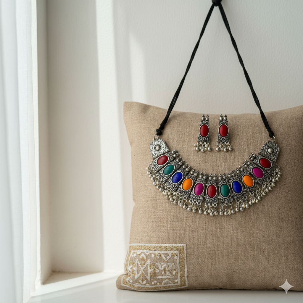 Sondarya Oxidised Multicolour Stone Necklace Set With Earrings