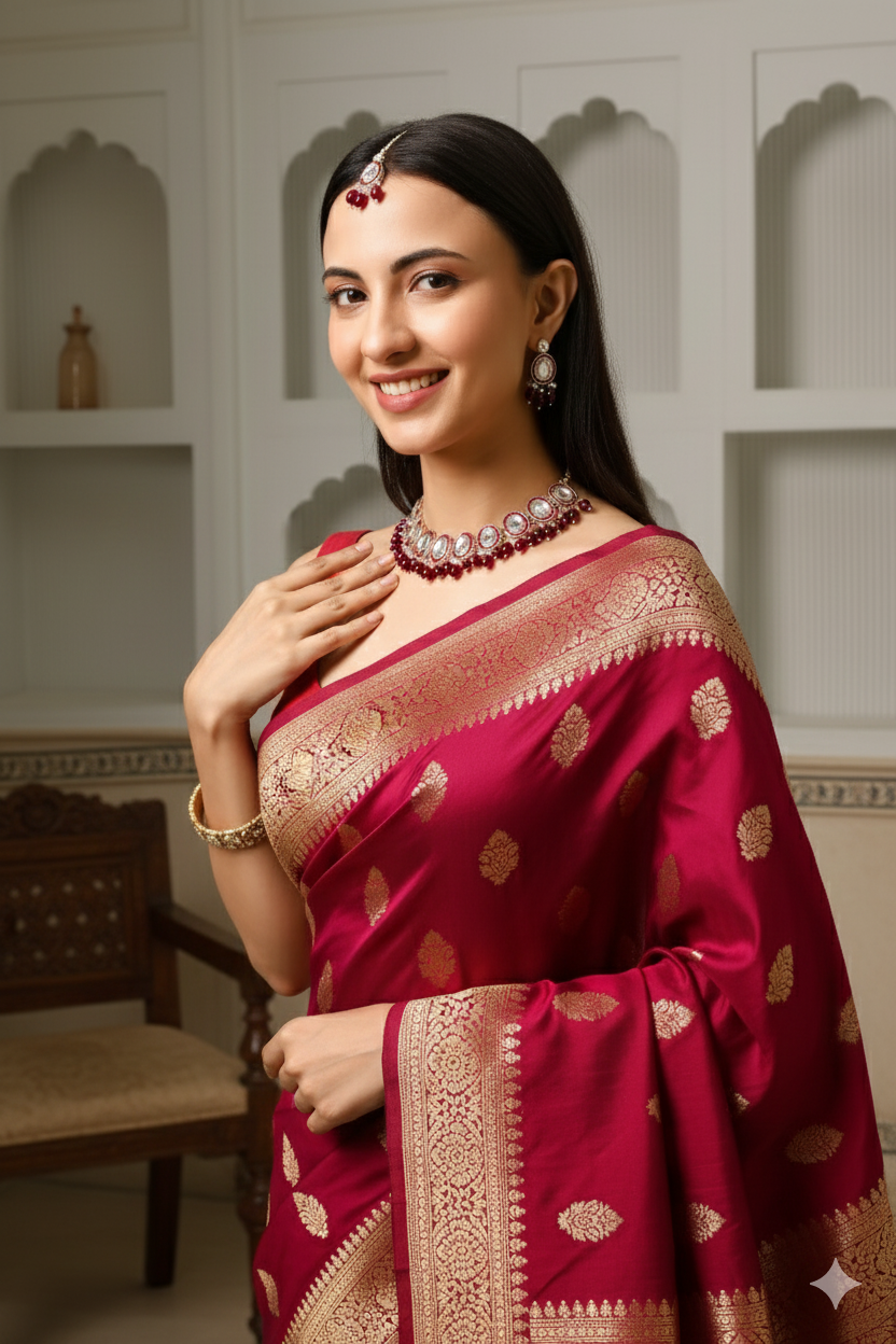 Sondarya Majestic Maroon Meenakari & Kundan Necklace Set with Maang Tikka