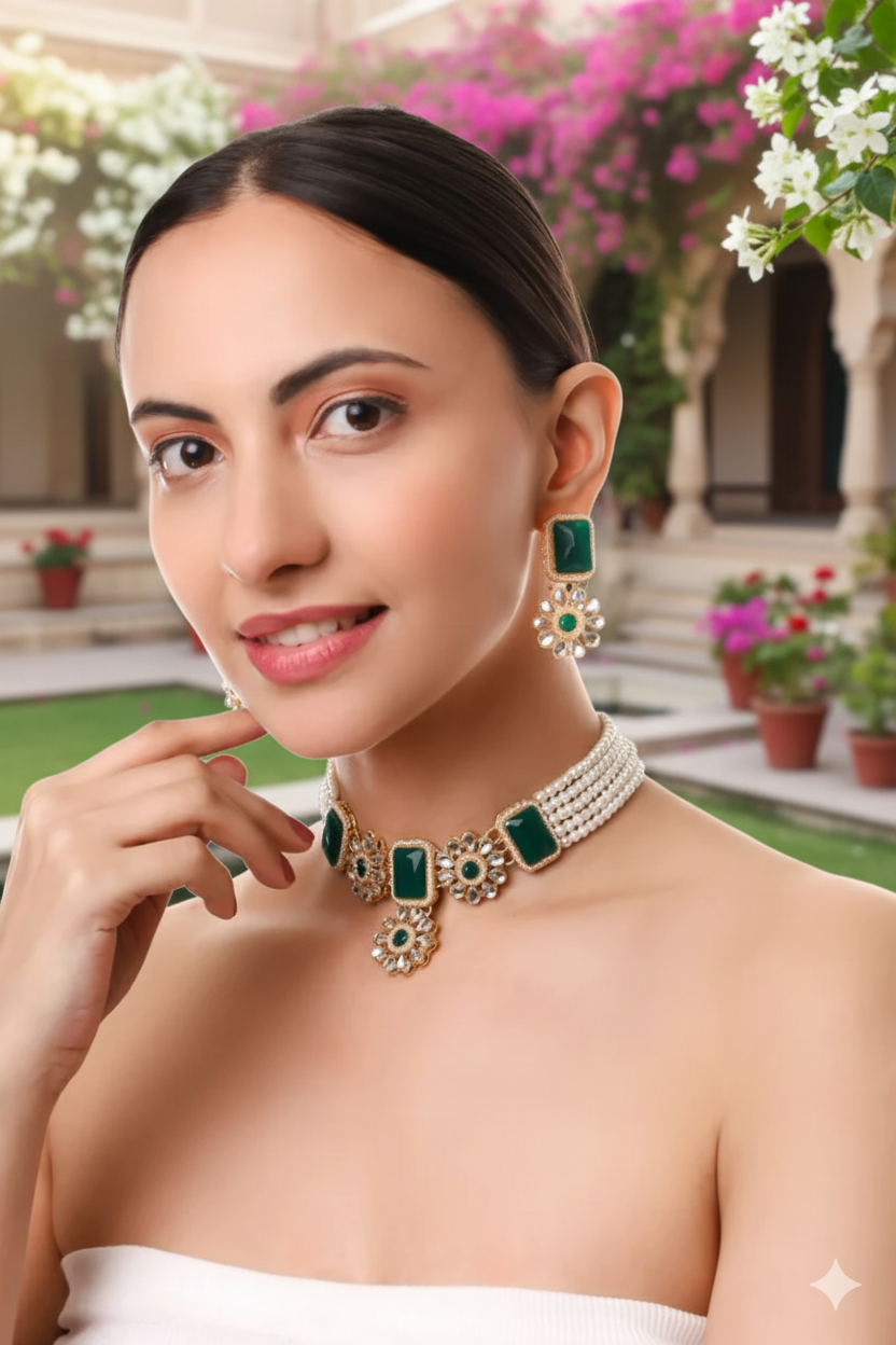 Classic Green Stone & Pearl Choker Necklace Set with Earrings