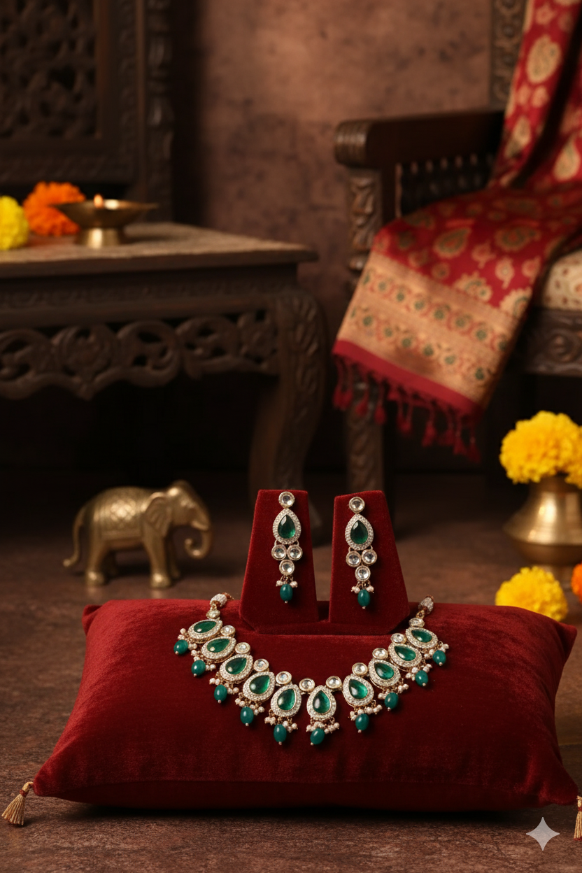 Sondarya Emerald Green Kundan Pearl Choker Set