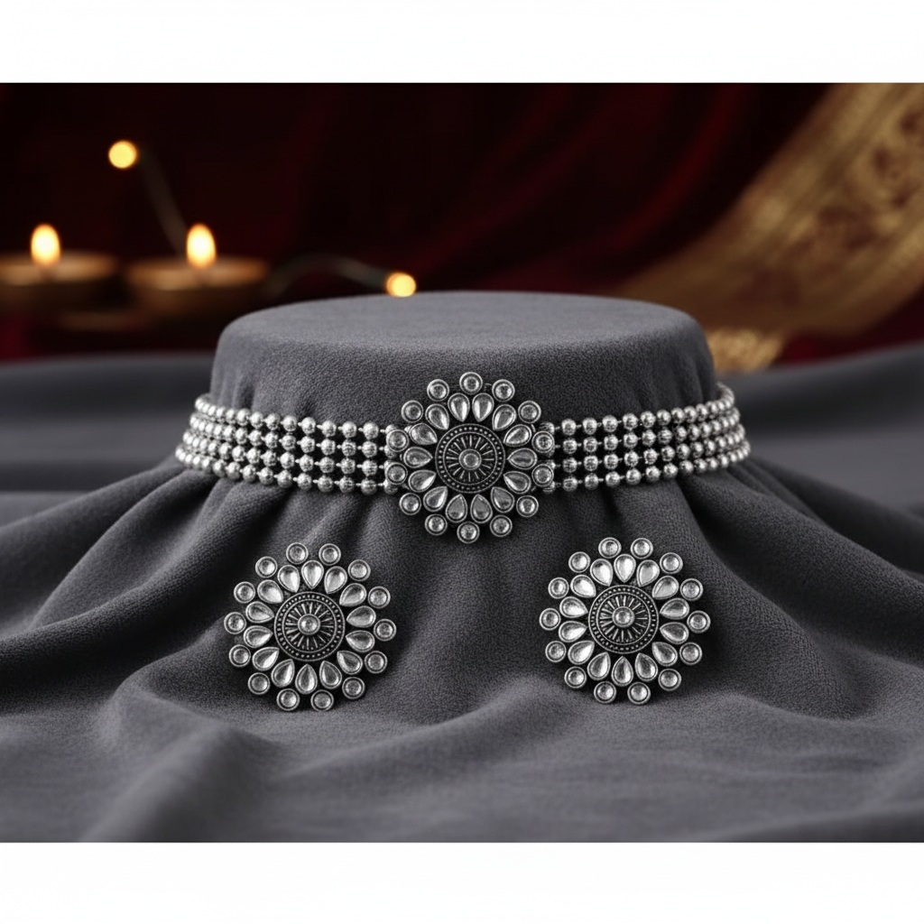 Sondarya Oxidised Floral Choker Set With Earrings