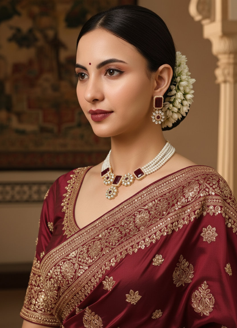 Elegant Red Stone & Pearl Choker Necklace Set with Earrings