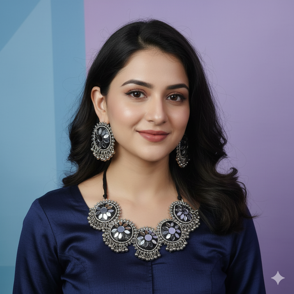 Sondarya Oxidised Mirror Work Choker Set With Earrings