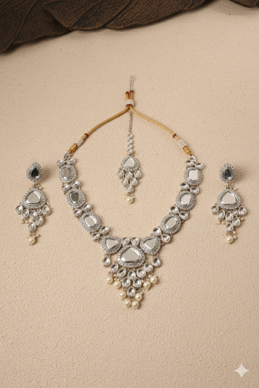 Sondarya Silver Kundan and Pearl Necklace Set with Maang Tikka