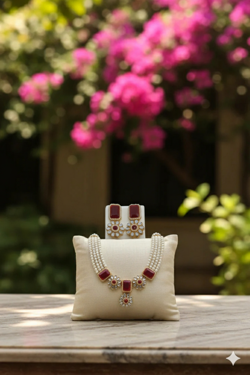 Elegant Red Stone & Pearl Choker Necklace Set with Earrings