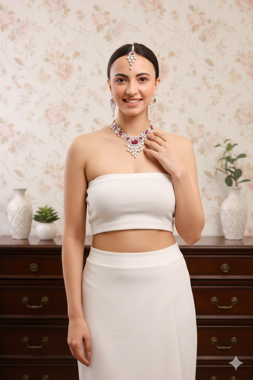 Sondarya Elegant Ruby Pink Kundan and Pearl Choker Set with Maang Tikka