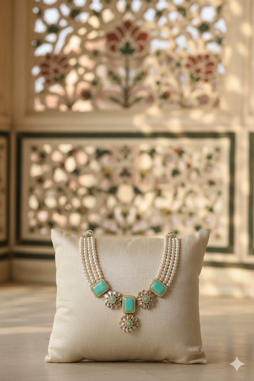 Designer Mint Green Stone & Pearl Necklace Set with Earrings