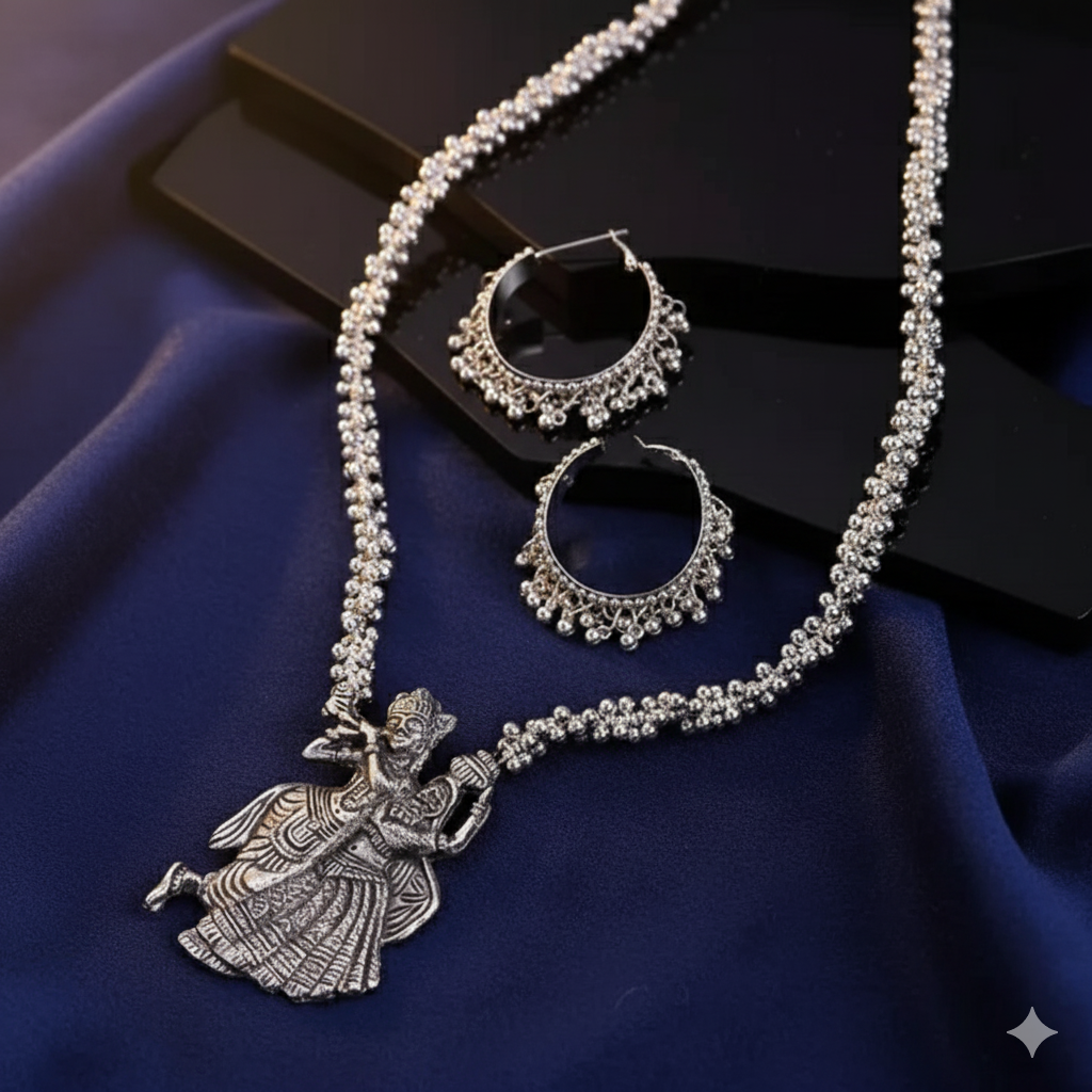 Oxidised Shri Krishna-Radha Pendant Necklace Set With Earrings