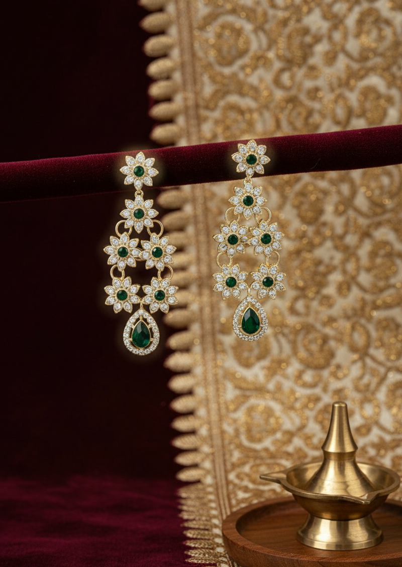 Sondarya Floral Kundan & Emerald Green Drop Necklace Set with Maang Tikka & Earrings