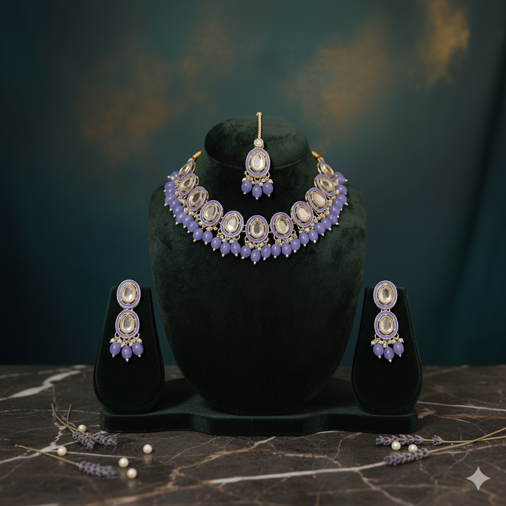 Sondarya Royal Lavender Meenakari & Kundan Necklace Set with Maang Tikka