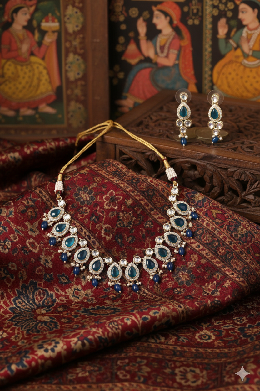 Sondarya Ocean Blue Kundan Pearl Choker Set