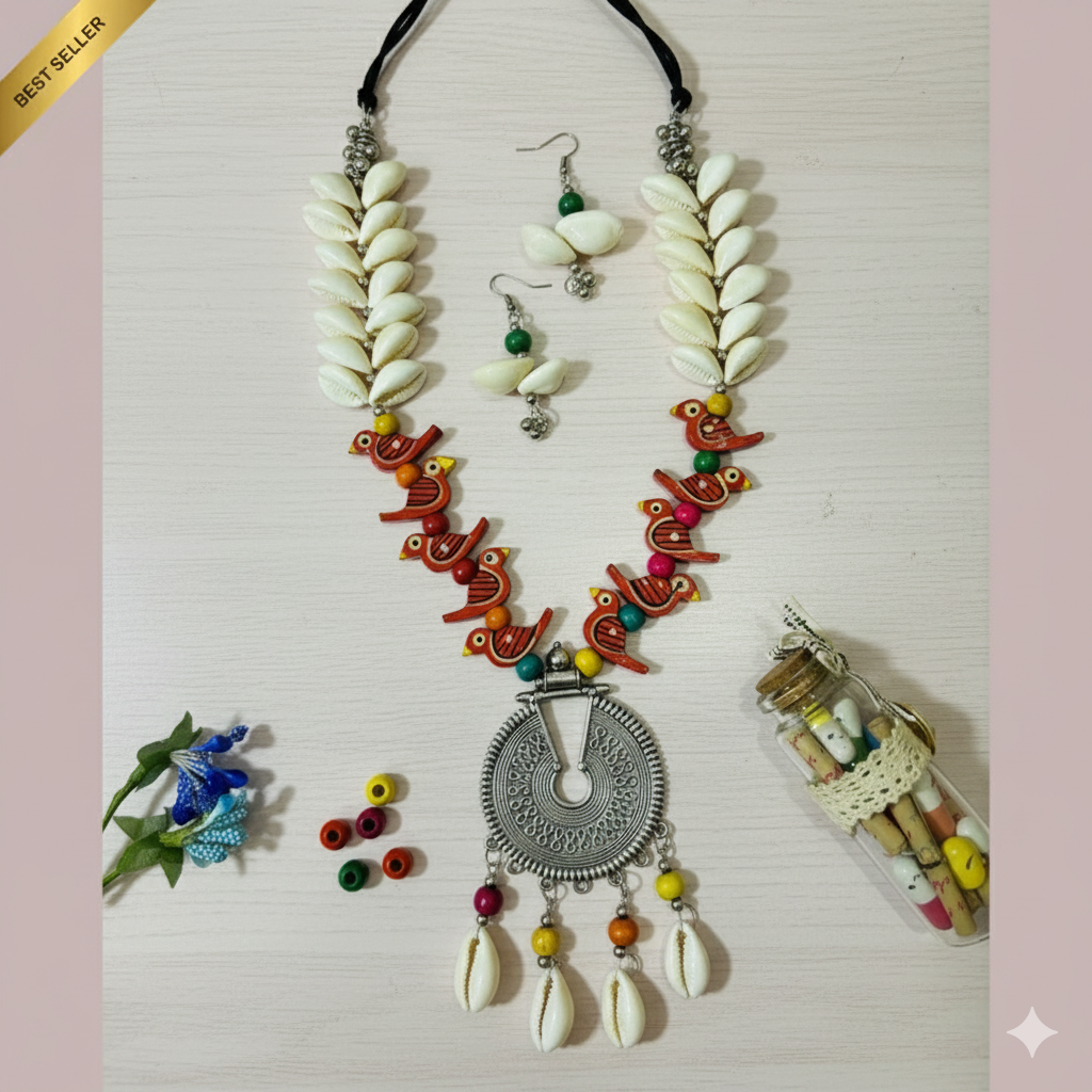 Sondarya Oxidised Bird & Seashell Necklace Set With Earrings