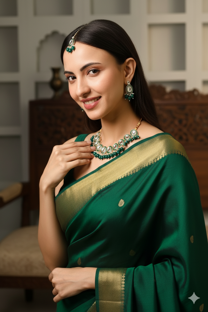 Sondarya Elegant Green Meenakari & Kundan Necklace Set with Maang Tikka
