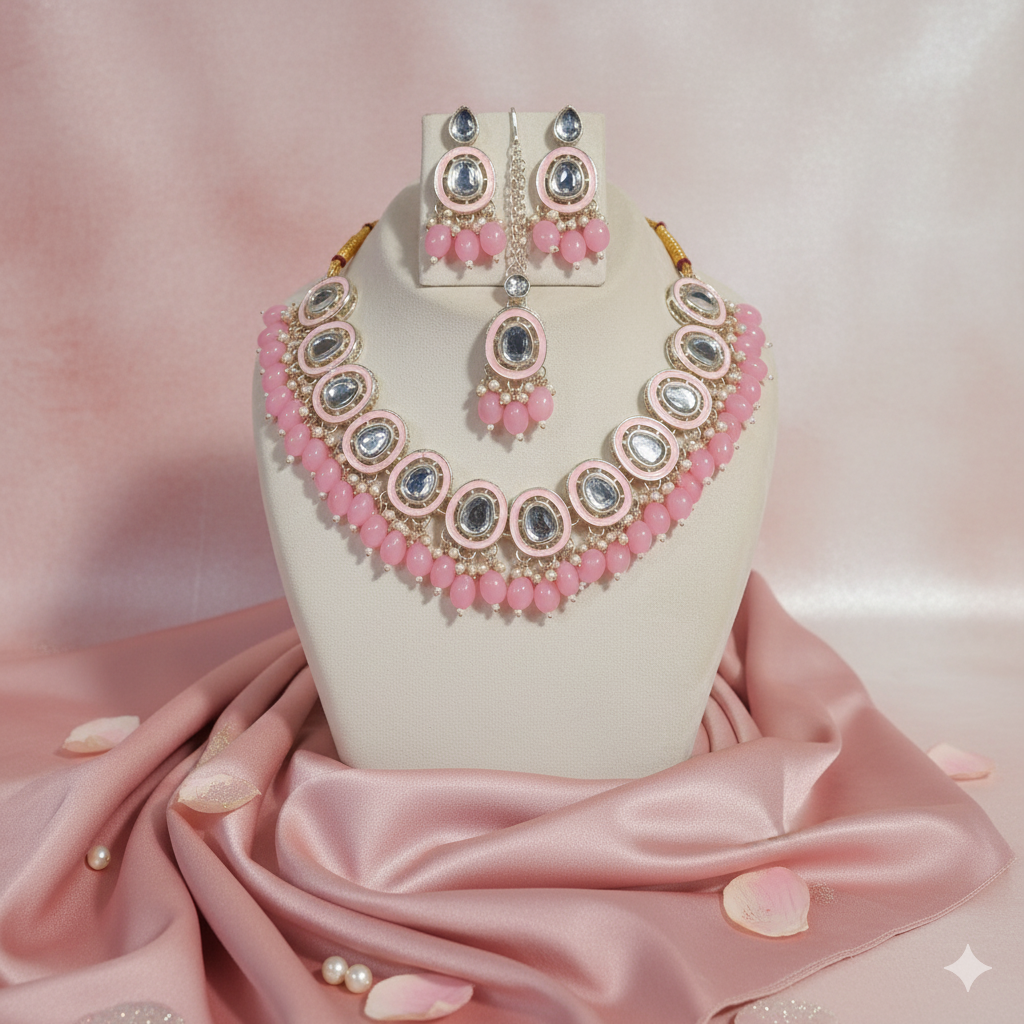 Sondarya Elegant Pink Meenakari & Kundan Necklace Set with Maang Tikka