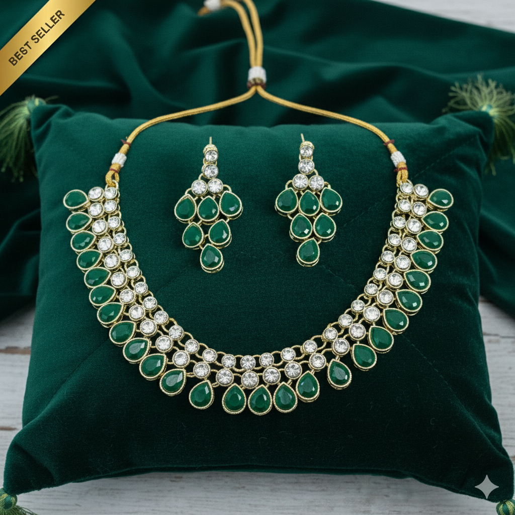 Sondarya Emerald Green Teardrop Kundan Necklace Set with Maang Tikka
