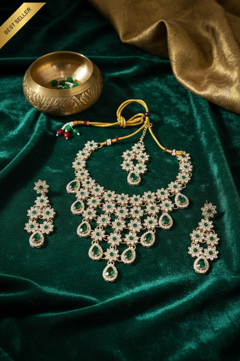 Sondarya Floral Kundan & Emerald Green Drop Necklace Set with Maang Tikka & Earrings