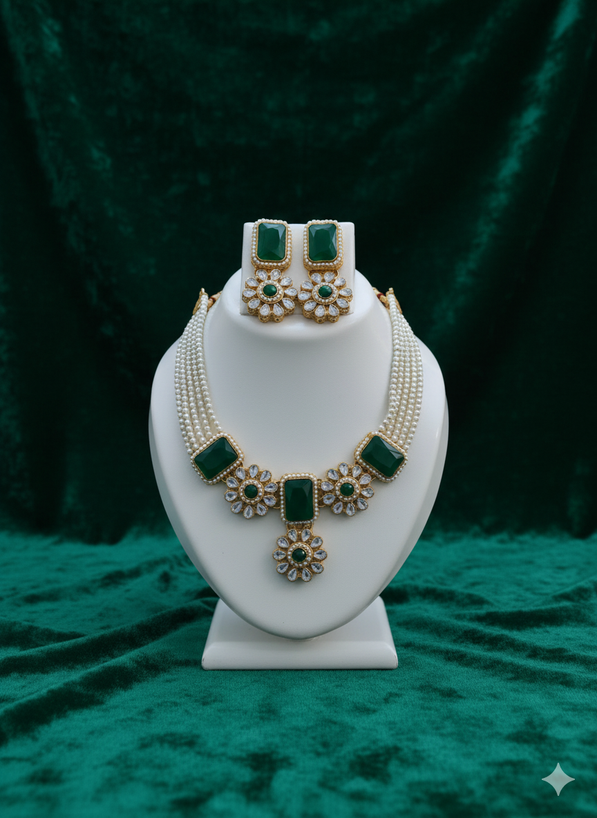 Classic Green Stone & Pearl Choker Necklace Set with Earrings