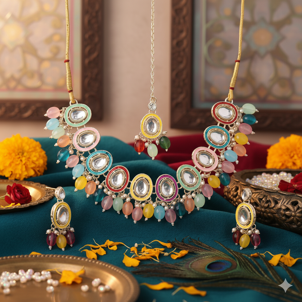 Sondarya Multi-Color Meenakari & Kundan Necklace Set with Maang Tikka