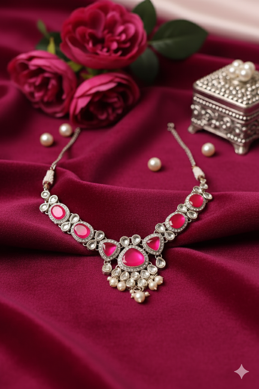 Sondarya Pink Kundan and Pearl Necklace Set with Maang Tikka