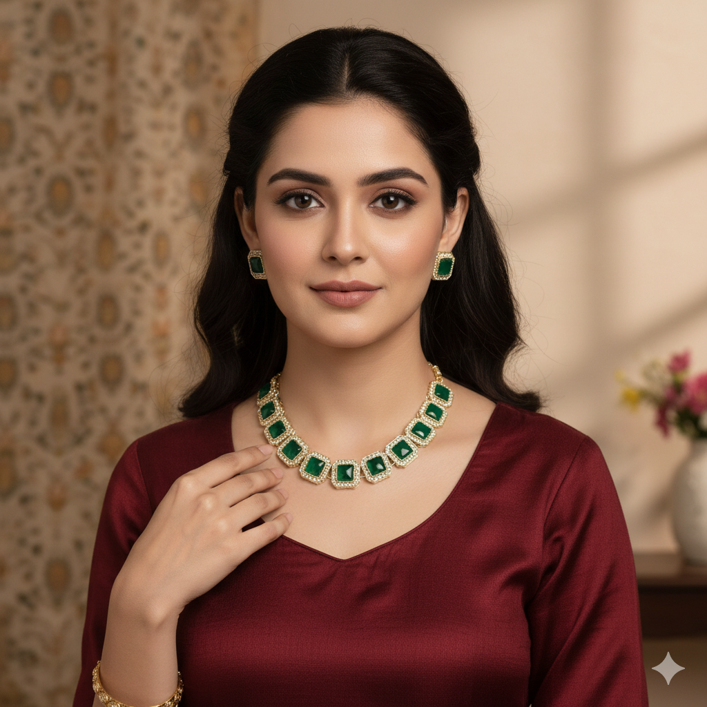 Emerald Green Studded Necklace Set With Earrings