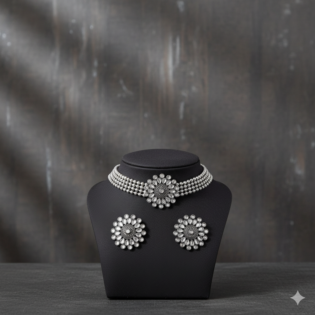 Sondarya Oxidised Floral Choker Set With Earrings
