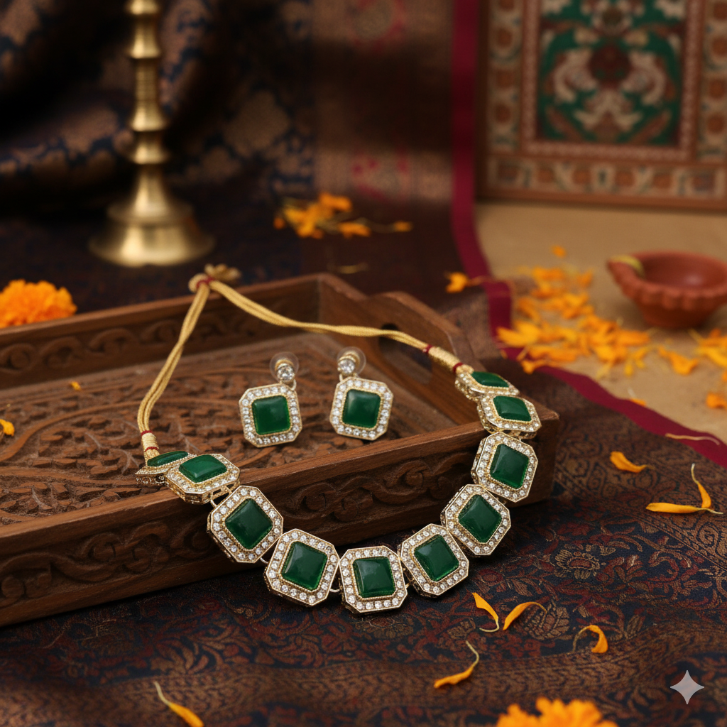 Emerald Green Studded Necklace Set With Earrings