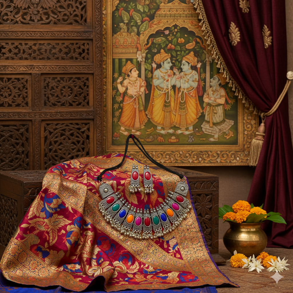Sondarya Oxidised Multicolour Stone Necklace Set With Earrings