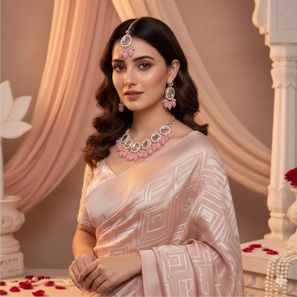 Sondarya Elegant Pink Meenakari & Kundan Necklace Set with Maang Tikka