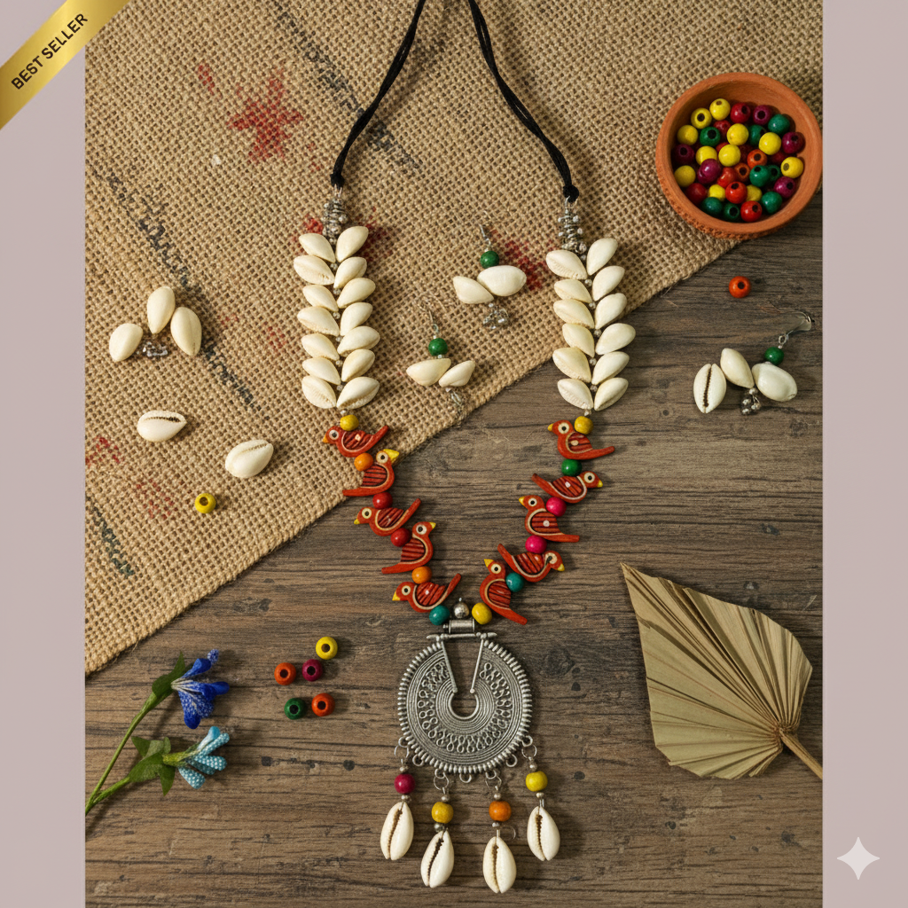 Sondarya Oxidised Bird & Seashell Necklace Set With Earrings