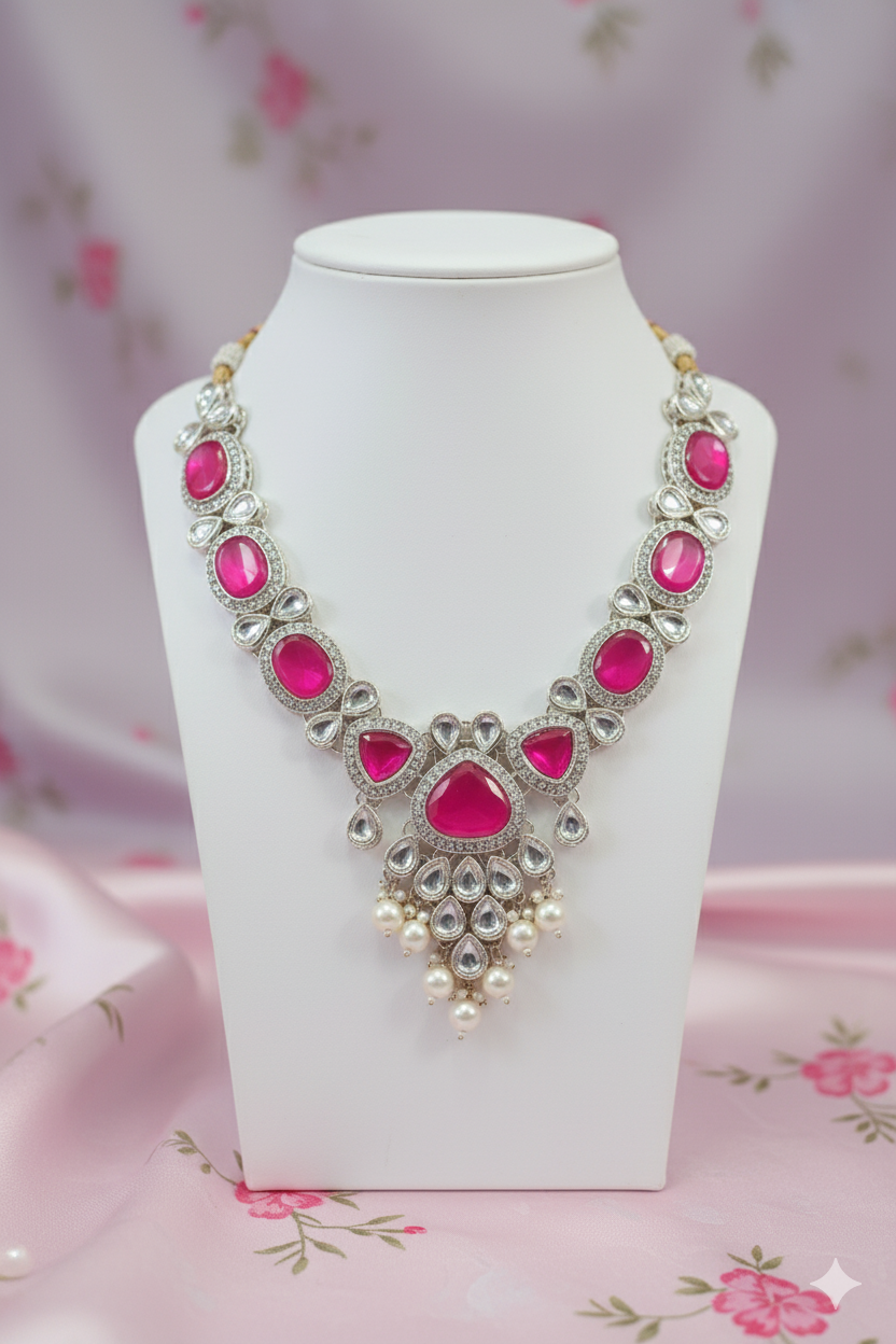 Sondarya Pink Kundan and Pearl Necklace Set with Maang Tikka