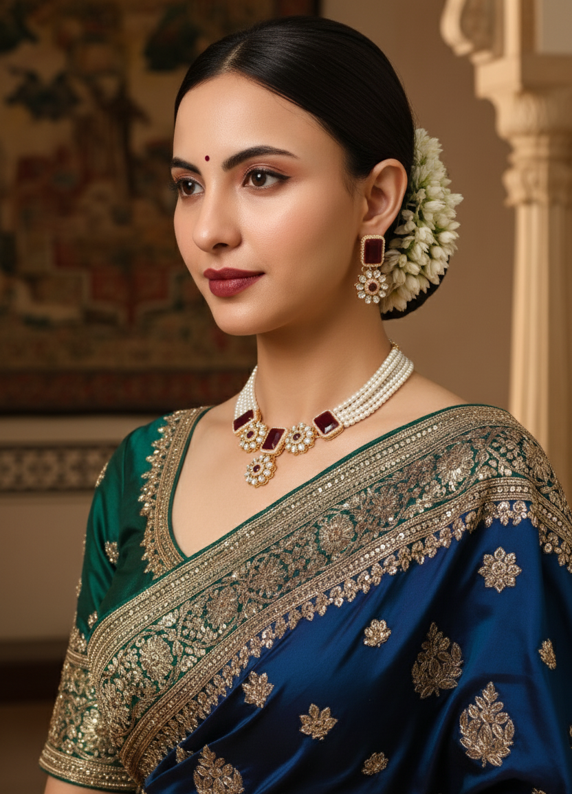 Elegant Red Stone & Pearl Choker Necklace Set with Earrings