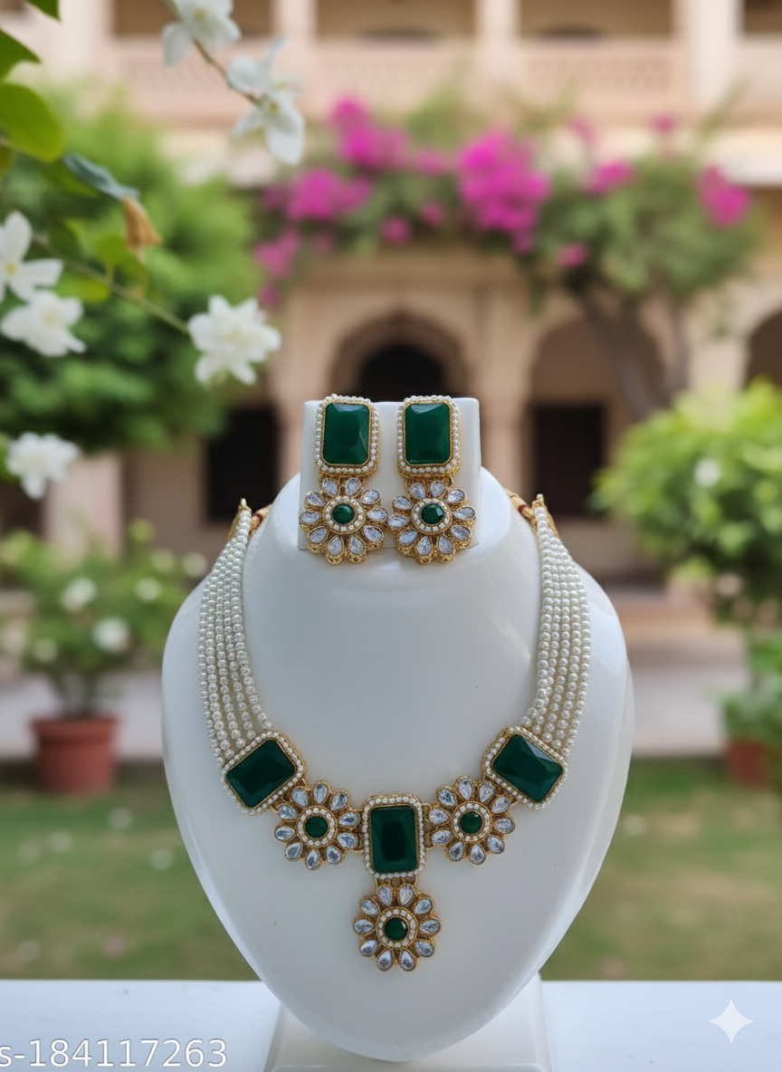 Classic Green Stone & Pearl Choker Necklace Set with Earrings
