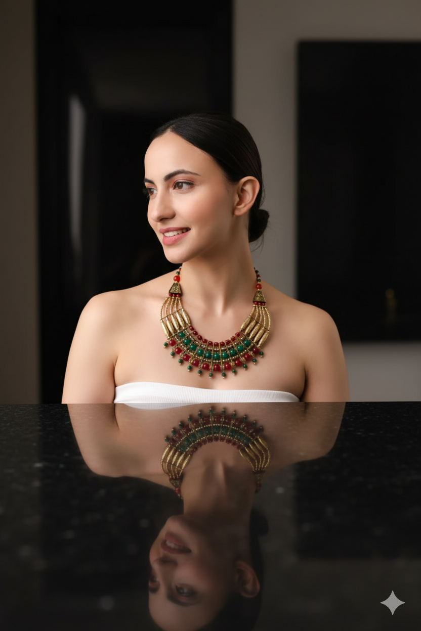 Sondarya Oxidised Red & Green Bead Necklace