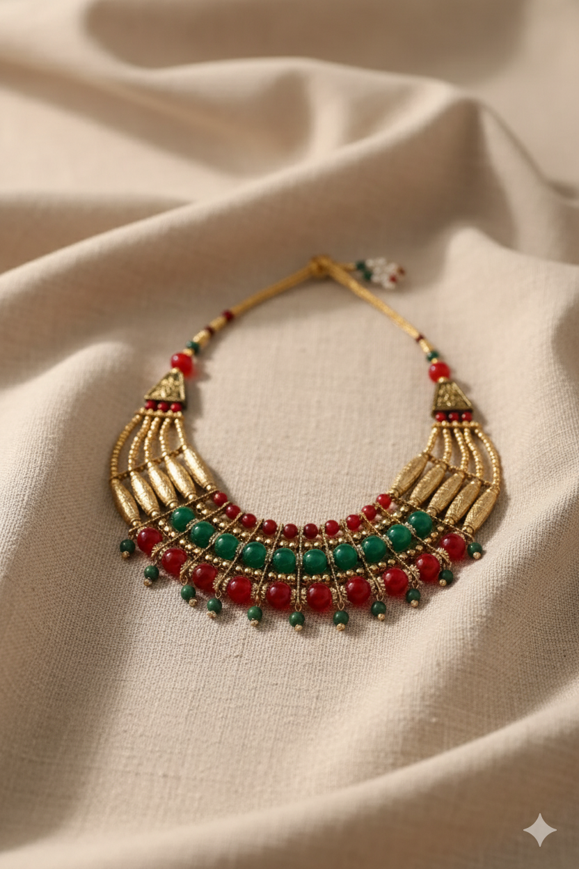 Sondarya Oxidised Red & Green Bead Necklace