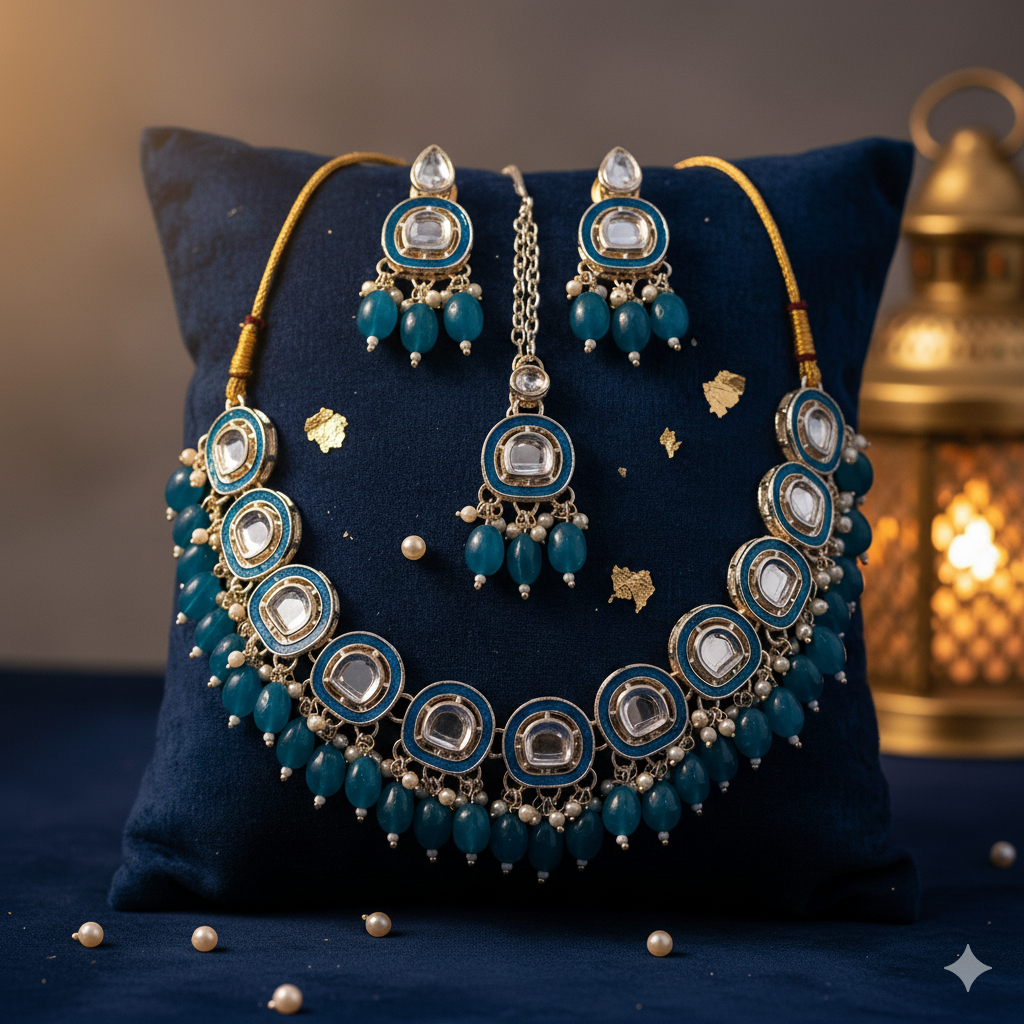 Sondarya Traditional Blue Meenakari & Kundan Necklace Set with Maang Tikka