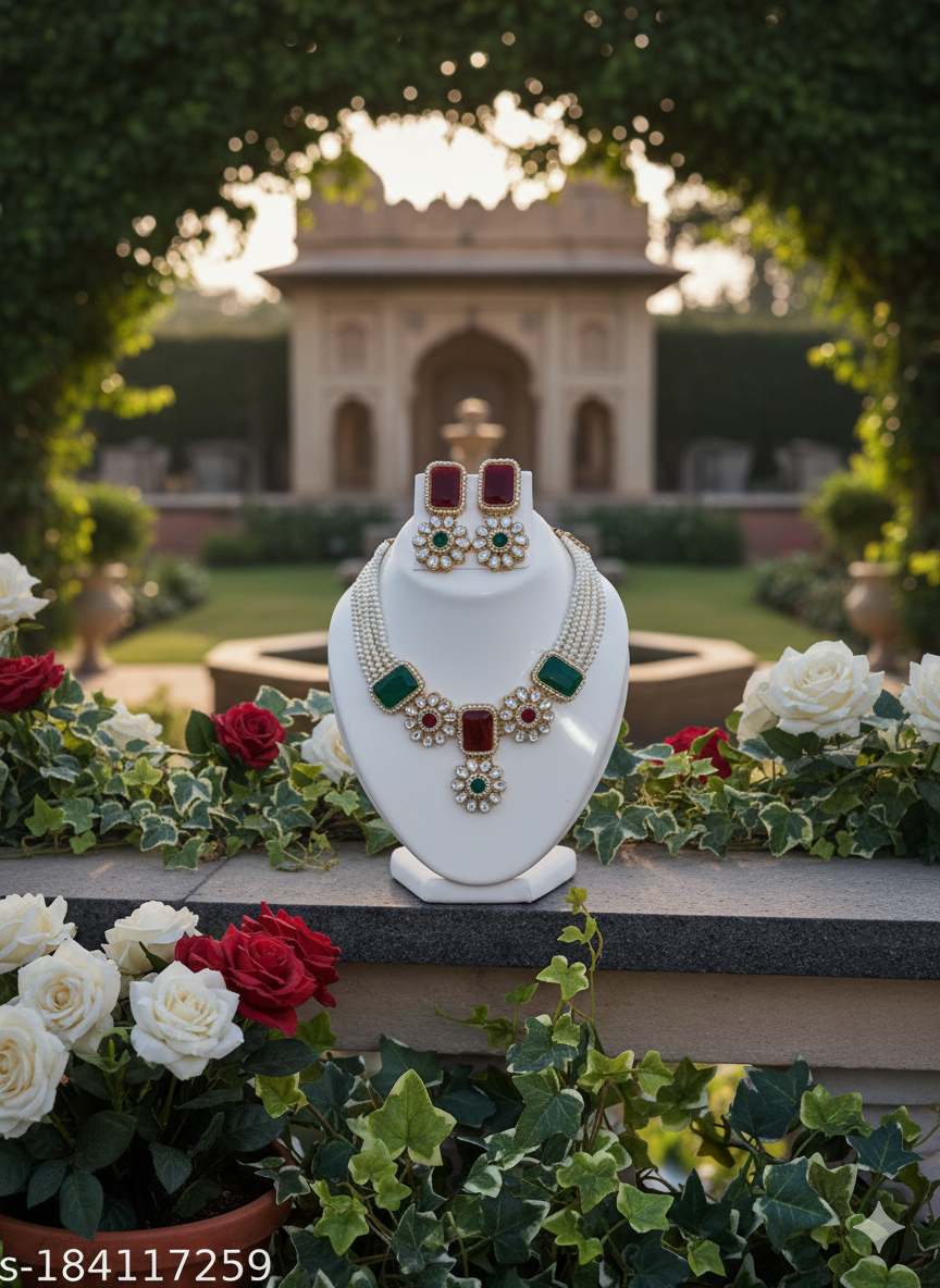 Dual Tone Red & Green Stone Pearl Necklace Set with Earrings