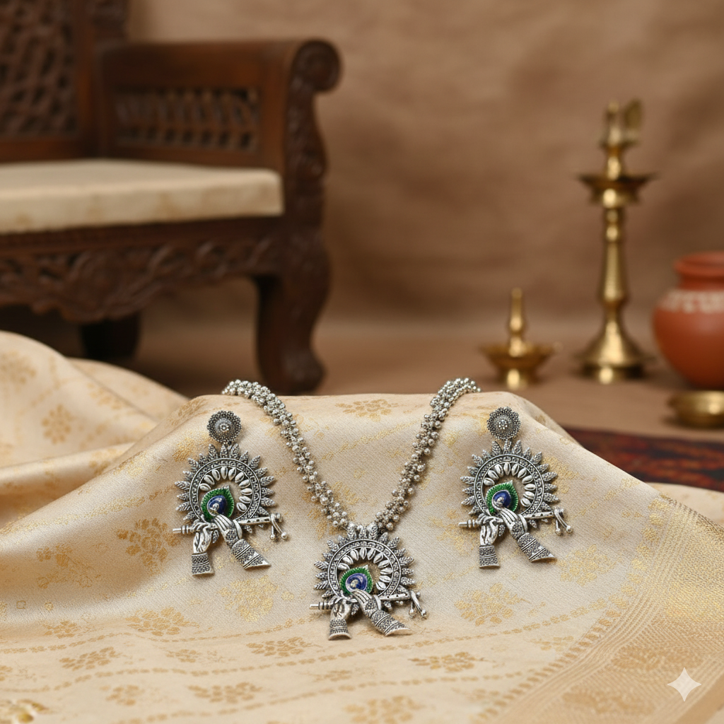 Oxidised Peacock Krishna Flute Necklace Set With Earrings