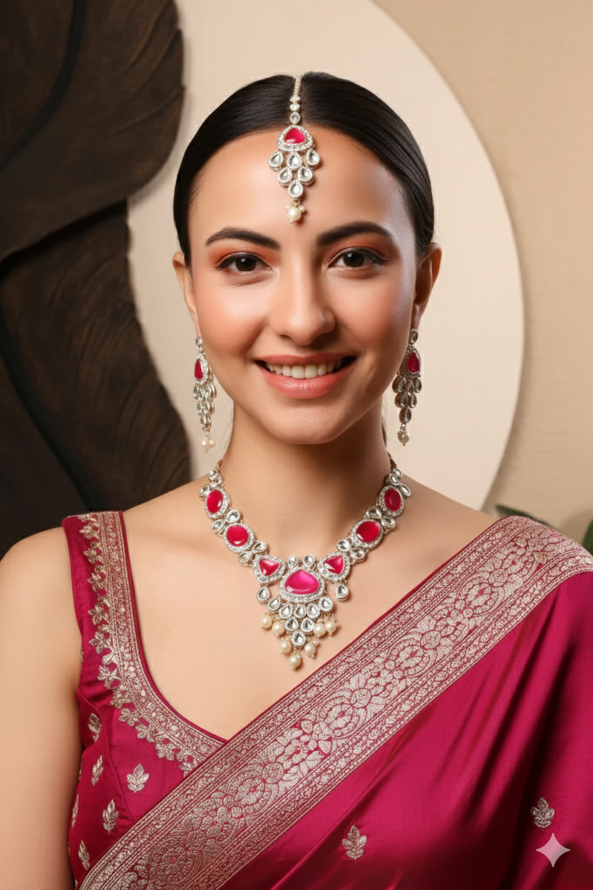 Sondarya Pink Kundan and Pearl Necklace Set with Maang Tikka