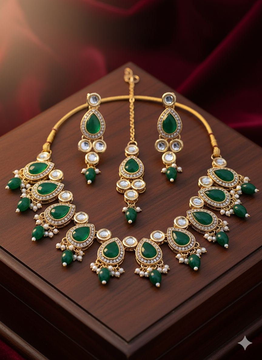 Sondarya Emerald Green Kundan Pearl Choker Set